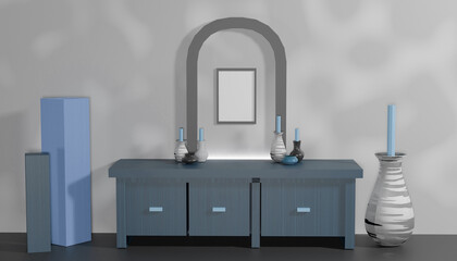 White poster on cabinet floor with blank frame mockup for you design. Layout mockup good use for your design preview. Mockup poster frame in minimalist modern interior background, 3d render