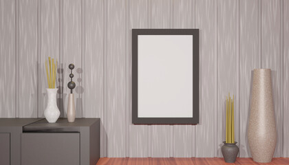 White poster on cabinet floor with blank frame mockup for you design. Layout mockup good use for your design preview. Mockup poster frame in minimalist modern interior background, 3d render