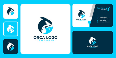 orca logo design with waves and business card