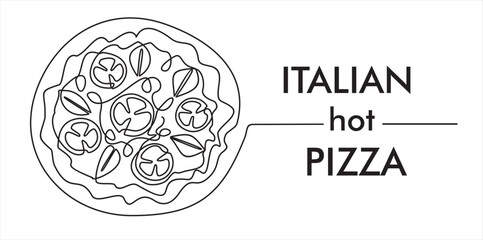 Continuous one line drawing of Italy pizza for restaurant logo badge. Italian pizzeria logotype template concept isolated on white background. Trendy single line draw design with quote template.