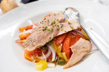 refreshing tuna belly tuna salad with peppers and onion in a white dish