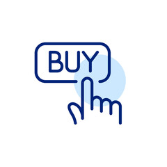 Finger clicking on button with word buy. Pixel perfect, editable stroke line art icon