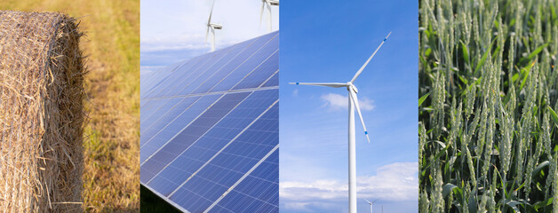 Collage of windmills, solar panels and wheat fields. Harvesting, renewable energy. Technology