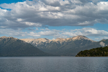lake, waterfall, mountains, river, plants, pine trees