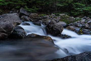 lake, waterfall, mountains, river, plants, pine trees