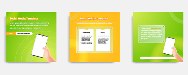 Social media informative post banner template layout design in green, yellow, orange background, glassmorphism style with transparent glass frame bubble message