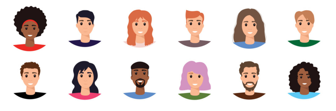 People avatar. Multiethnic people square portraits set. Multiethnic people character, diverse face person, female and male avatar, illustration