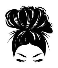 Hand drawn girl with messy hairstyle - hair bun. Mom life style clip art for prints