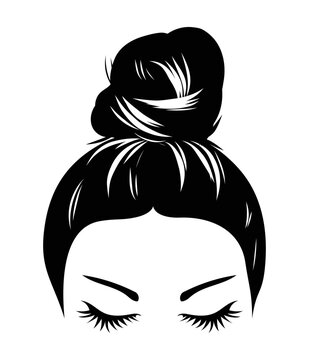 Hand drawn girl with messy hairstyle - hair bun. Mom life style clip art for prints