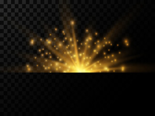 Fototapeta na wymiar Yellow glowing lights sun rays. Flare special effect with rays of light and magic sparkles. Bright and shining golden star. The star burst with brilliance. Vector illustration, EPS 10.
