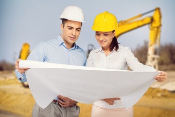 Construction engineer under inspection and survey workplace and worker construction road background.