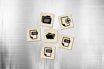 file icons are arranged into folders. Concept document management system or DMS on the desk.