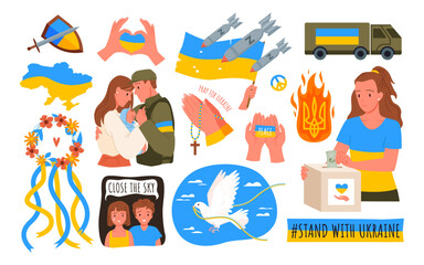 Set with Ukraine war elements and humanitarian help. Supporting people and country, pray for peace, ukrainian refugees shelter, stop war, fight for freedom vector illustration