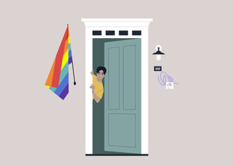 A young male Asian character peeking out of the entrance door with a rainbow flag on the wall, a safe space for the LGBTQ community, coming out