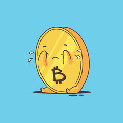 Sad Bitcoin character sitting and crying vector cartoon illustration