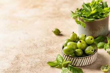 Ceramic bowl of raw healthy gooseberry with mint leaves on beige textured background with copy space