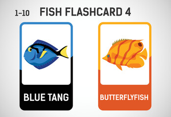 Fish flashcards for kids. Educational cards for preschool. Printable vector illustration