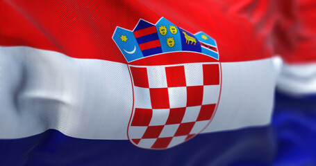 Close-up view of the Croatian national flag waving in the wind.