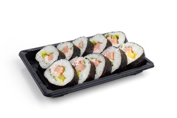 Sushi delivery box on white background. Japan menu in black transport box.