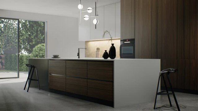 Modern minimalist kitchen. 3d animation of the kitchen.