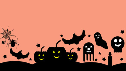 halloween decorations, ghost, pumpkin, spider web, candle, spider, bat, skull cute cartoon wallpaper illustration, perfect for wallpaper, backdrop, postcard, background for your design