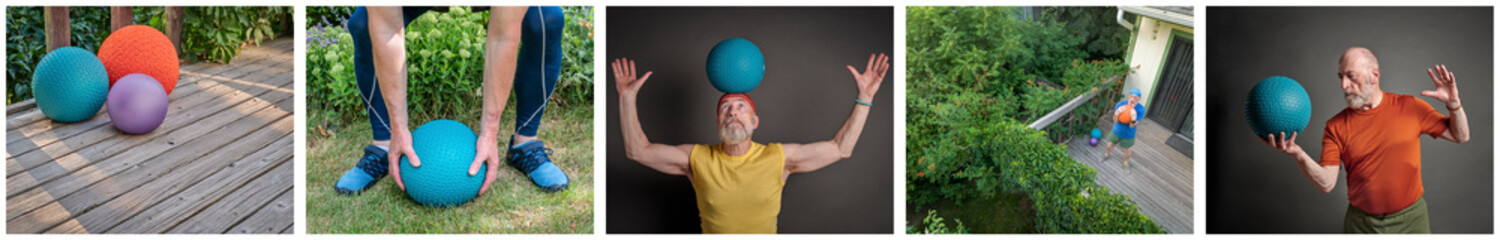 medicine and slam balls workout, a set of pictures featuring the same senior man in late 60s, web banner