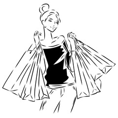 ショッピングを楽しむ女性　線画