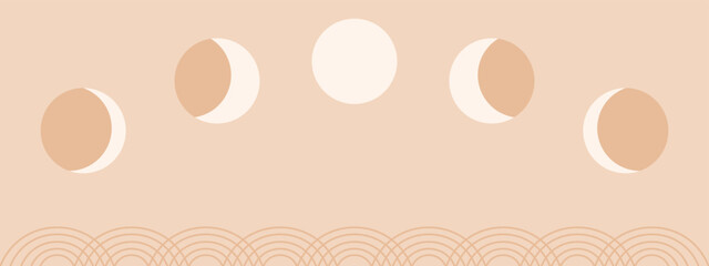 Moon phases simple banner. Asian chinese, korean or japanese decorative poster with line waves, vector background