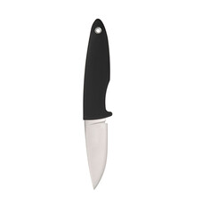 Modern hunting knife with silver blade and rubber handle. Steel arms. Isolate on a white back