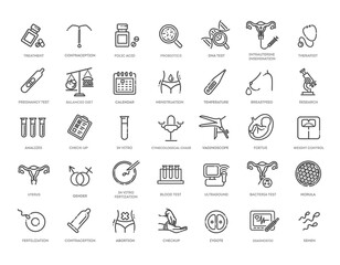 Vector set of icons. Gynecology, gynecological problem and disease