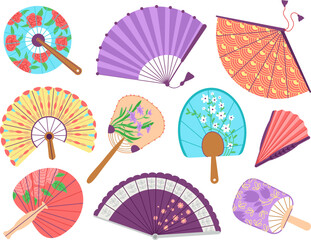 Fototapeta Handheld fan set. Japan yellow fans, asian souvenir collection. Colorful decorative fanning, chinese culture festival paper accessories decent vector clipart obraz