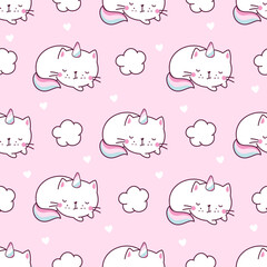 Cat unicorn seamless pattern. Unicorns kitty pastel characters, textile print with cute caticorns. Funny cartoon animals, magic graphic nowaday vector background