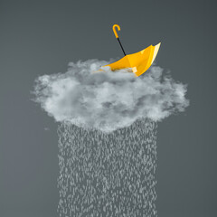 Yellow umbrella on gray rainy cloud. Creative autumn conceptual 3D rendering.