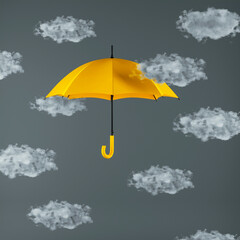 Yellow umbrella among clouds on gray background. Creative autumn conceptual 3D rendering.