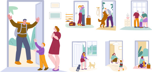 Man come back to home. Girl leaving house, rushing in trip. People opening door in life, family welcome concept. Kids meeting dad mom, kicky vector characters