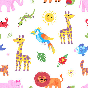 Drawing animal pattern. Children hand drawn crayons animals, color pencil paint giraffe, elephant, cat and lion. Safari exotic neoteric vector seamless pattern