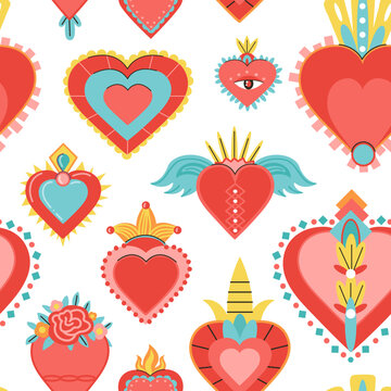 Mexican hearts background. Heart with fire and eyes, gods love symbol. Mexico design print, decent sacred decorative vector seamless pattern