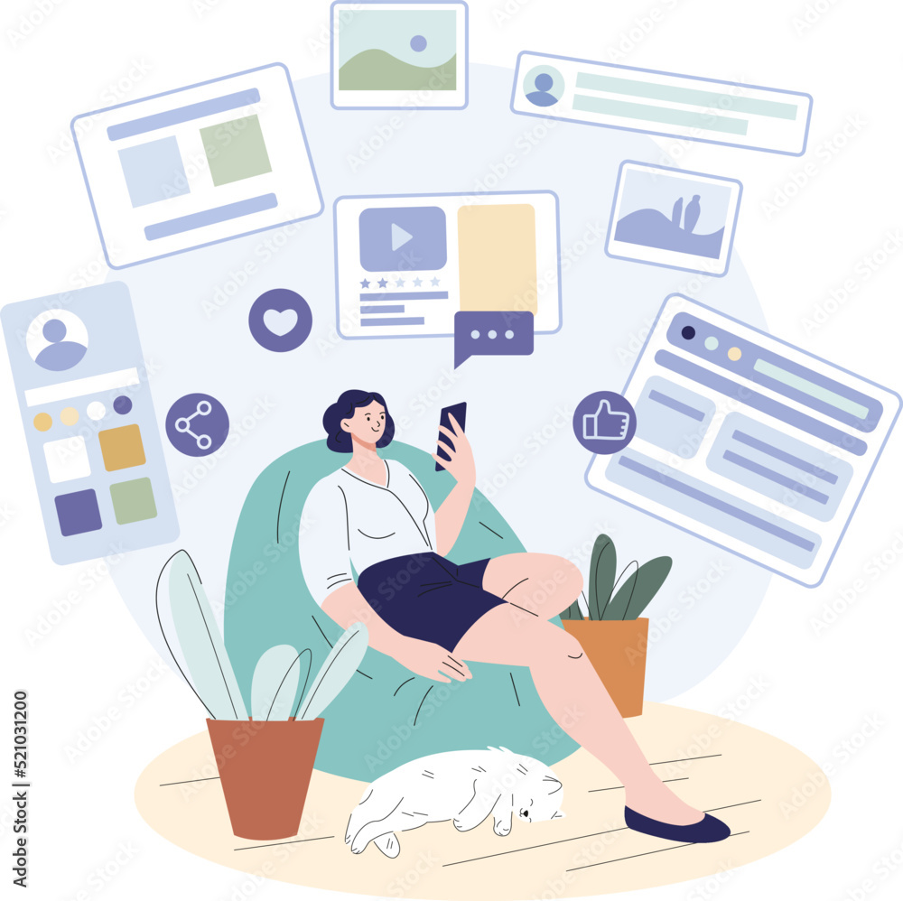 Wall mural share info. girl sitting on cozy chair and surfing internet on smartphone. social media and digital 