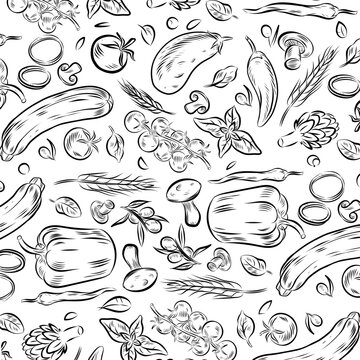 Hand drawn fruits and vegetables  set. seamless pattern