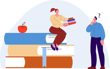 Education concept. Girl give books to thinking man. Problem solution, study and self growth. Happy teacher sitting on book pile vector scene