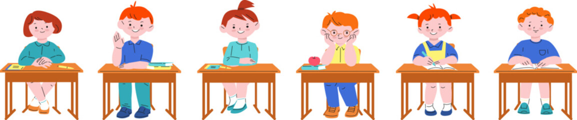 Kids sitting at desk. Study student, isolated lesson school characters. Classroom children, cute cartoon pupils. Small kicky boy girl at college vector set