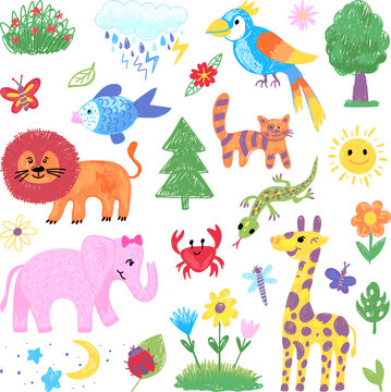 Kids pencil drawing. Child crayons design, children drawings color animals. Art giraffe, lion and elephant. Baby zoo wild animals neoteric vector set