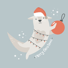 Christmas vintage card with cute holiday otter