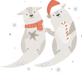 Christmas vintage card with cute holiday otters