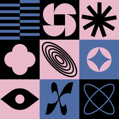 Vector seamless patterns with different geometric shapes and elements. Brutalist design icons and signs. Basic forms.