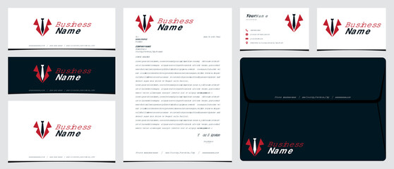 Tie and suit logo with stationery, business card and social media banner designs