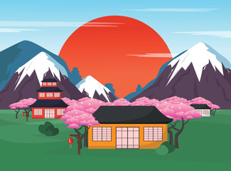Bright Japanese landscape in flat style. - 521033458