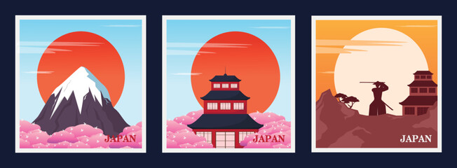 A postcard set with a vibrant Japanese landscape. - 521033605