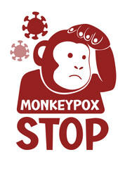 Illustration of the monkeypox virus. The face of the monkey as a symbol. Icon of smallpox and outbreak of a new infectious disease. Flat vector