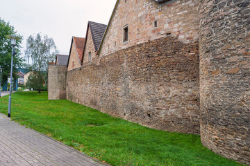 Fototapeta na wymiar View along the old historic city wall of Bad Orb/Germany in the Spessart